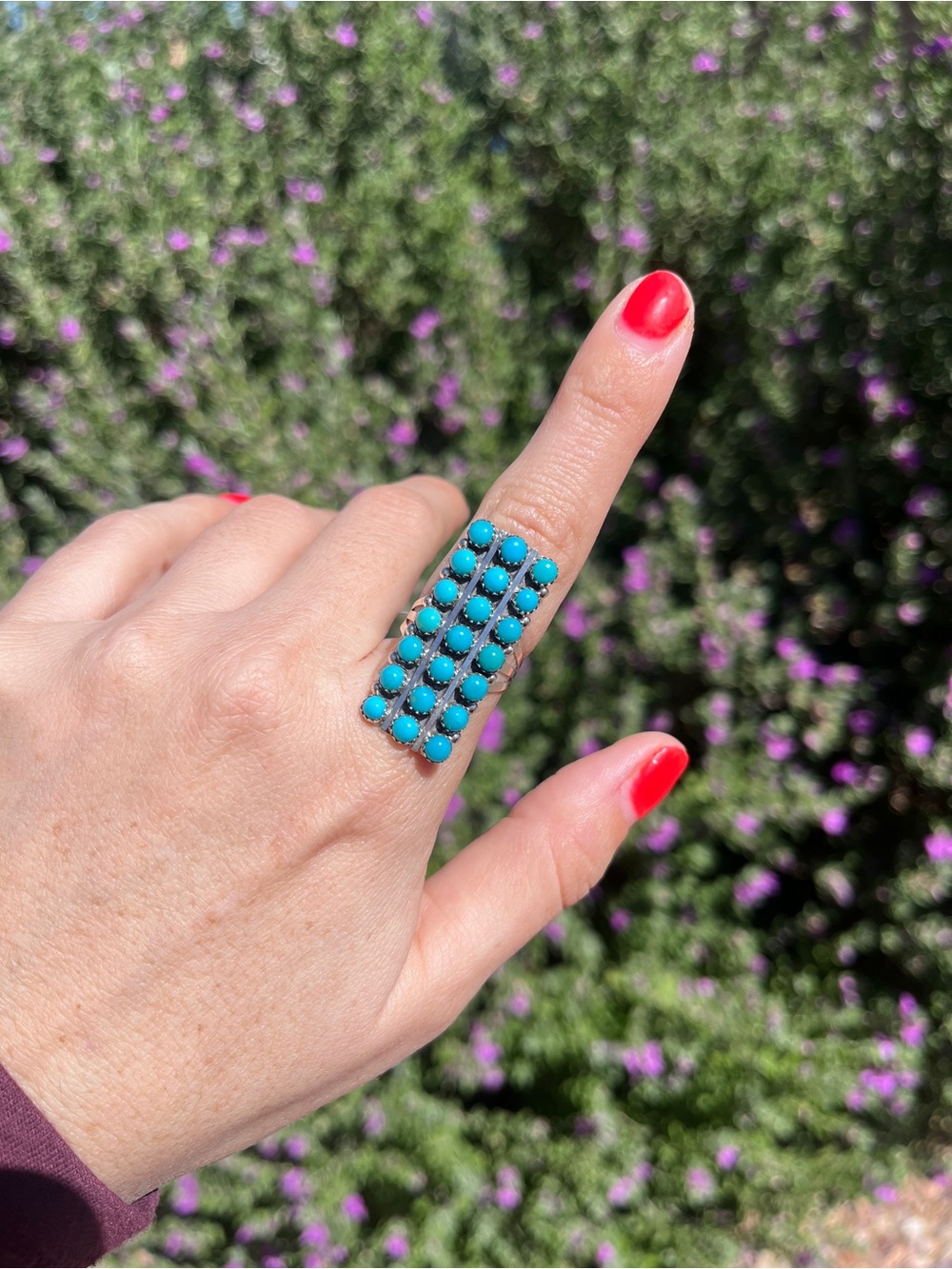 Navajo Signed Nathaniel Johnson SZ 8- kingman Turquoise Cluster Statement Ring